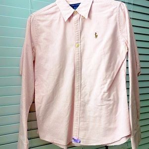 Pink and white striped women’s Ralph Lauren dress shirt